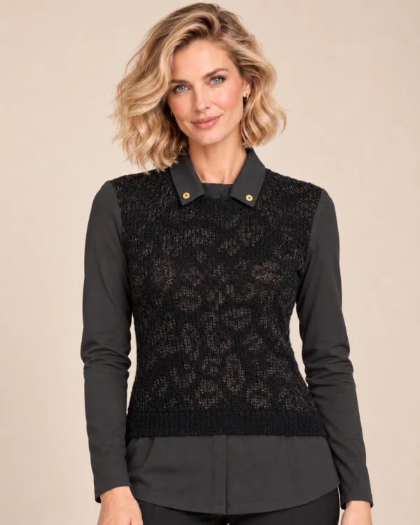 kalisson-black-layered-knit-top-front-upper-body Kalisson black layered knit top front upper body view