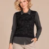 kalisson-black-layered-knit-top-front-upper-body-taupe-trousers Kalisson black layered knit top front upper body view