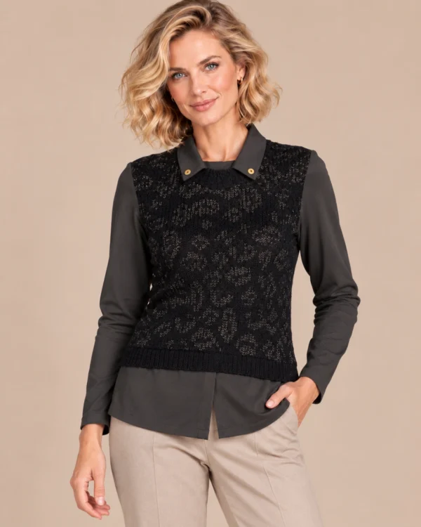kalisson-black-layered-knit-top-front-upper-body-taupe-trousers Kalisson black layered knit top front upper body view