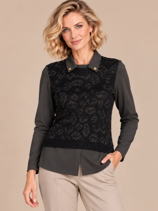 kalisson-black-layered-knit-top-front-upper-body-taupe-trousers Kalisson black layered knit top front upper body view