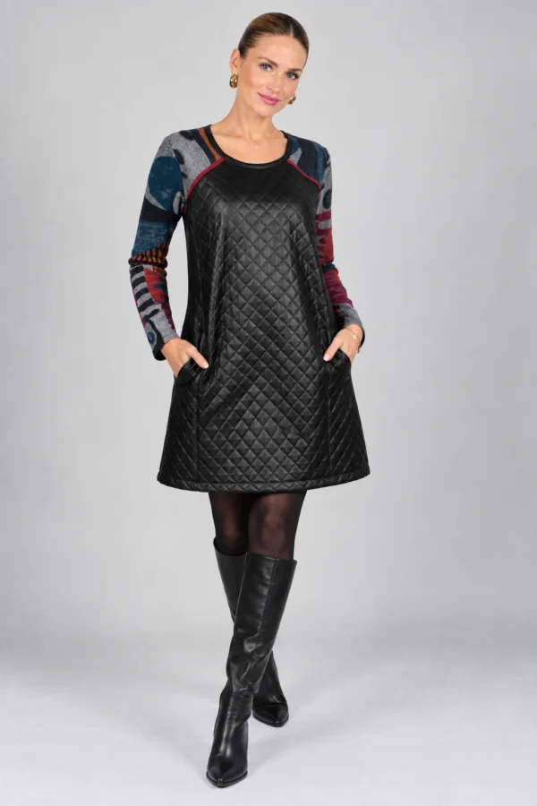 kalisson-black-quilted-faux-leather-dress-full-body Kalisson black quilted faux leather dress front upper body view