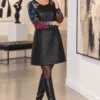 kalisson-black-quilted-faux-leather-dress-lifestyle Kalisson black quilted faux leather dress front upper body view
