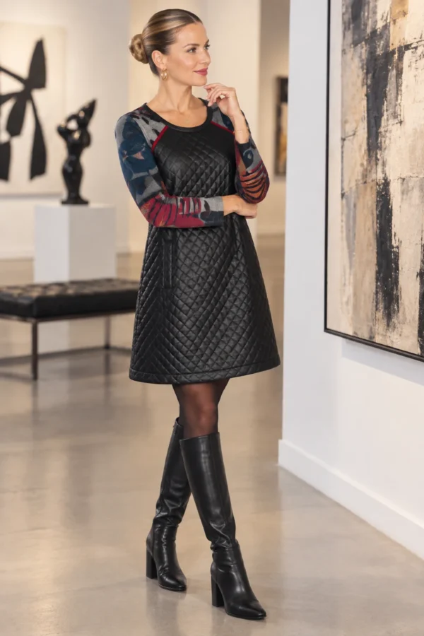 kalisson-black-quilted-faux-leather-dress-lifestyle Kalisson black quilted faux leather dress front upper body view