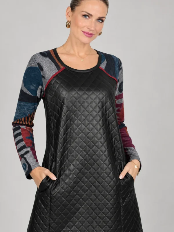 kalisson-black-quilted-faux-leather-dress-upper-body Kalisson black quilted faux leather dress front upper body view