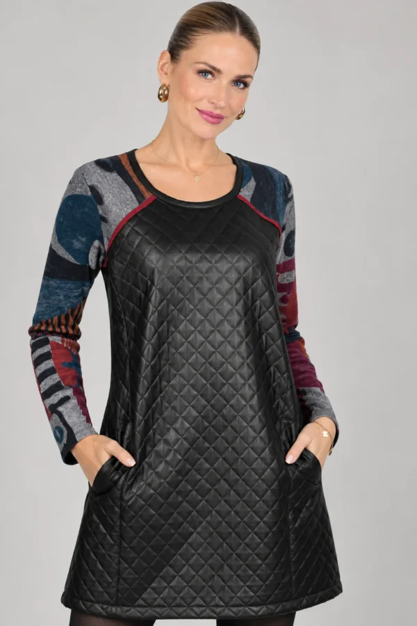 kalisson-black-quilted-faux-leather-dress-upper-body Kalisson black quilted faux leather dress front upper body view