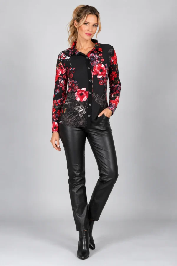 kalisson-black-red-floral-cotton-shirt-full-body Kalisson black red floral cotton shirt front upper body view