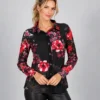kalisson-black-red-floral-cotton-shirt-upper-body Kalisson black red floral cotton shirt front upper body view