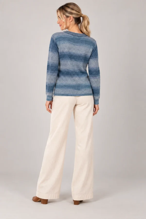 kalisson-blue-printed-knit-sweater-back-view Kalisson blue printed knit sweater front upper body view