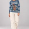 kalisson-blue-printed-knit-sweater-full-body Kalisson blue printed knit sweater front upper body view