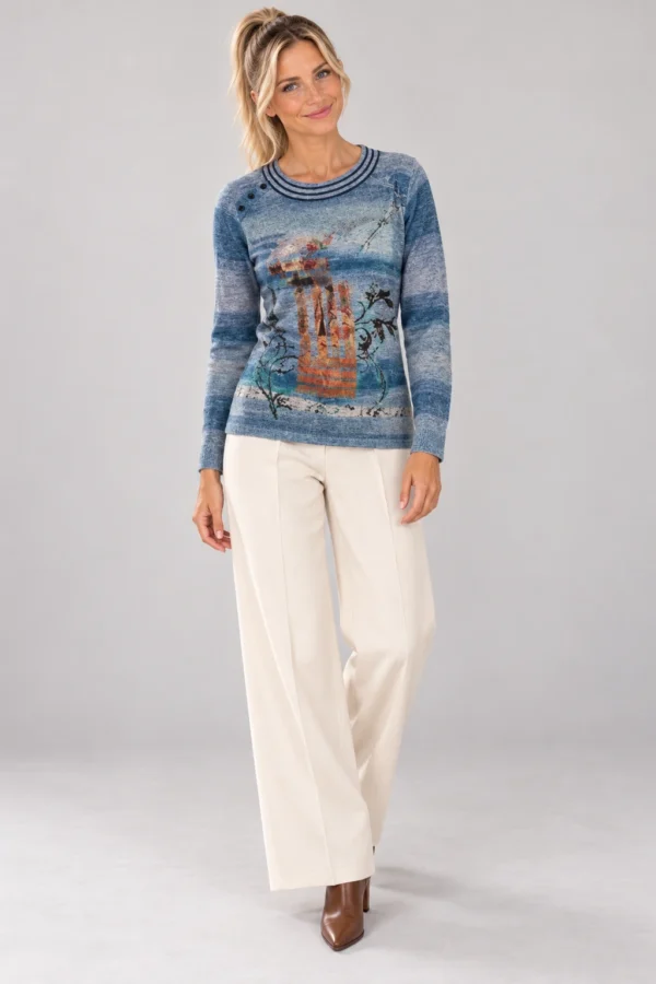 kalisson-blue-printed-knit-sweater-full-body Kalisson blue printed knit sweater front upper body view