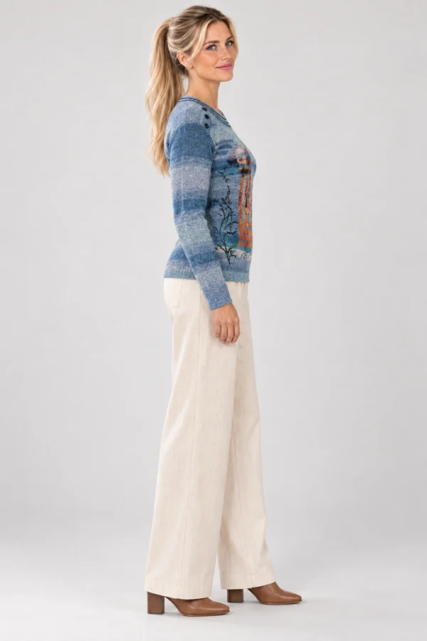 kalisson-blue-printed-knit-sweater-side-view Kalisson blue printed knit sweater front upper body view