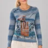 kalisson-blue-printed-knit-sweater-upper-body Kalisson blue printed knit sweater front upper body view
