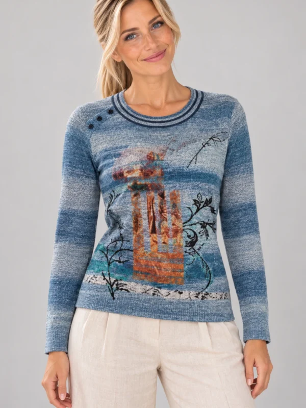 kalisson-blue-printed-knit-sweater-upper-body Kalisson blue printed knit sweater front upper body view