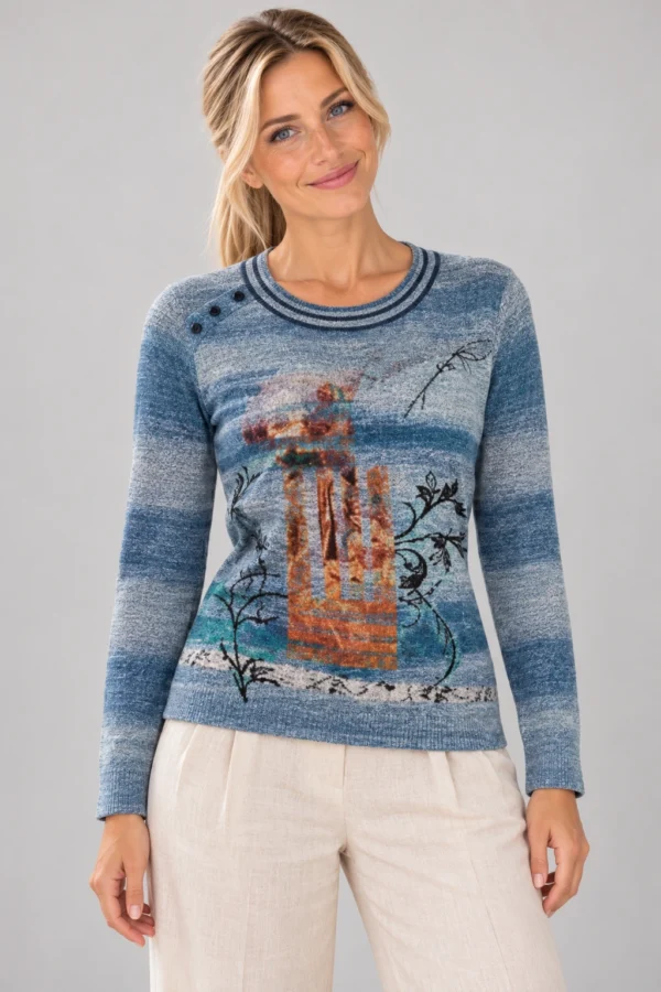kalisson-blue-printed-knit-sweater-upper-body Kalisson blue printed knit sweater front upper body view