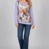kalisson-lilac-abstract-print-top-full-body Kalisson lilac abstract print top front upper body view