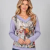 kalisson-lilac-abstract-print-top-upper-body Kalisson lilac abstract print top front upper body view