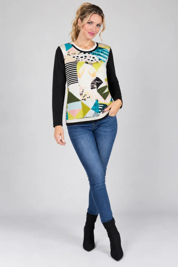 kalisson-multicolour-abstract-print-top-full-body Kalisson multicolour abstract print top front upper body view