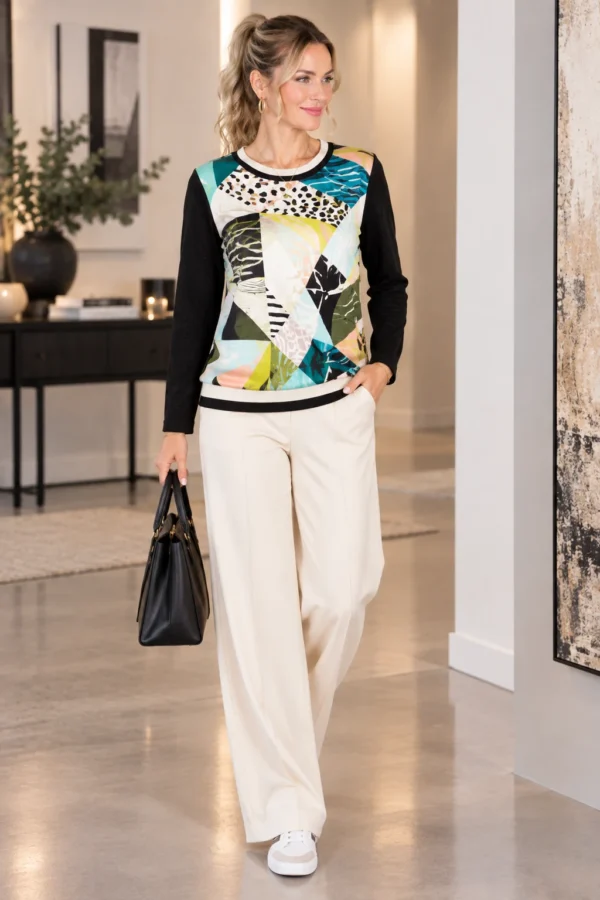 kalisson-multicolour-abstract-print-top-lifestyle Kalisson multicolour abstract print top front upper body view