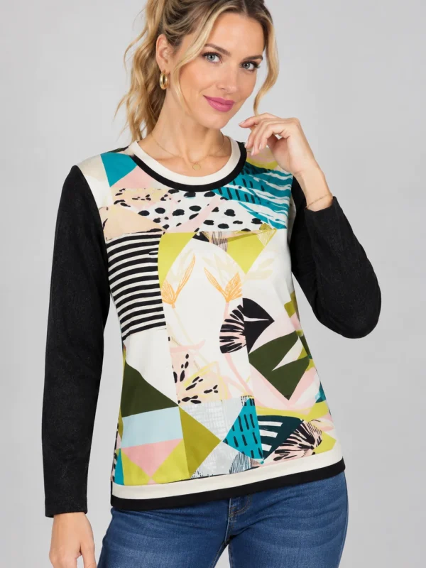 kalisson-multicolour-abstract-print-top-upper-body Kalisson multicolour abstract print top front upper body view