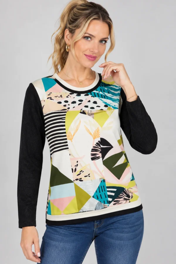 kalisson-multicolour-abstract-print-top-upper-body Kalisson multicolour abstract print top front upper body view