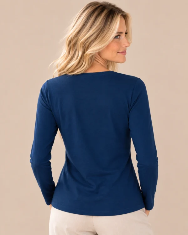 kalisson-navy-printed-cotton-top-back-upper-body Kalisson navy printed cotton top front upper body view
