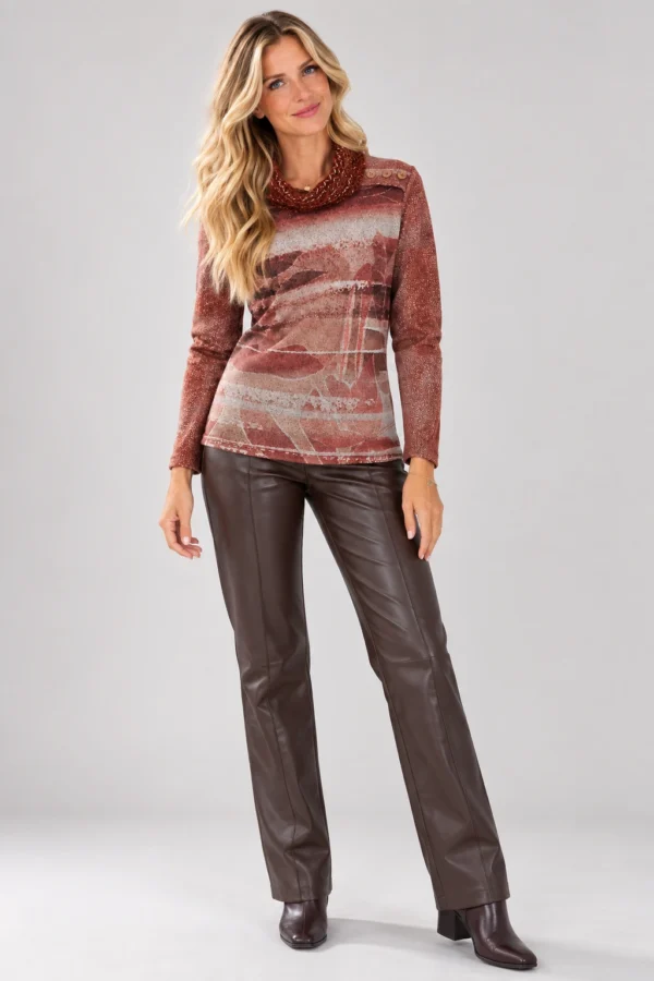 kalisson-rust-abstract-print-cowl-neck-top-full-body Kalisson Rust abstract print cowl neck long-sleeve top