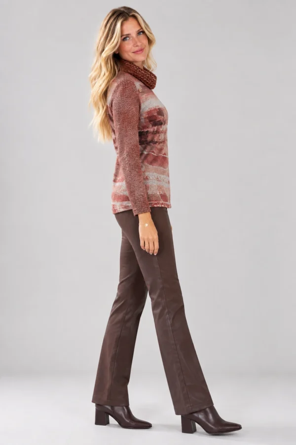 kalisson-rust-abstract-print-cowl-neck-top-side Kalisson Rust abstract print cowl neck long-sleeve top