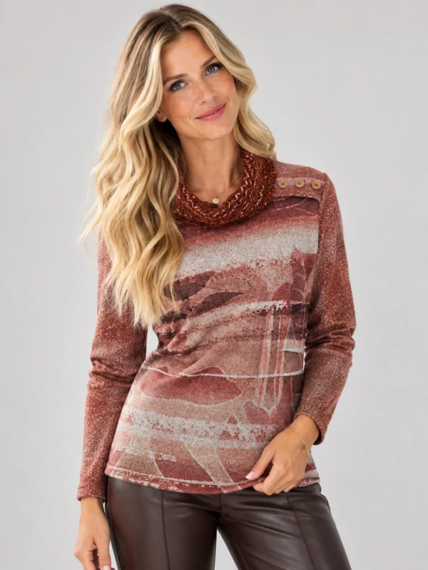 kalisson-rust-abstract-print-cowl-neck-top-upper-body Kalisson Rust abstract print cowl neck long-sleeve top