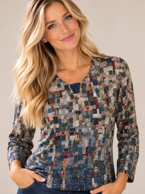 womens-multicolour-geometric-mosaic-top-01-front-upper-body Women's multicolour geometric mosaic long-sleeve top with navy neckline detail