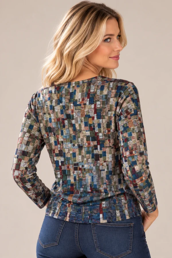 womens-multicolour-geometric-mosaic-top-03-back-upper-body Women's multicolour geometric mosaic long-sleeve top with navy neckline detail