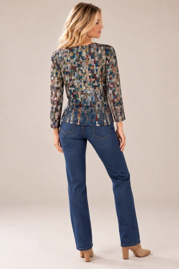 womens-multicolour-geometric-mosaic-top-04-back-full-body Women's multicolour geometric mosaic long-sleeve top with navy neckline detail